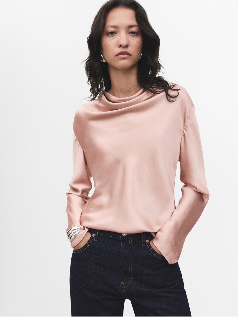 Mango Satin Drape-Neck Sweater in Blush Pink